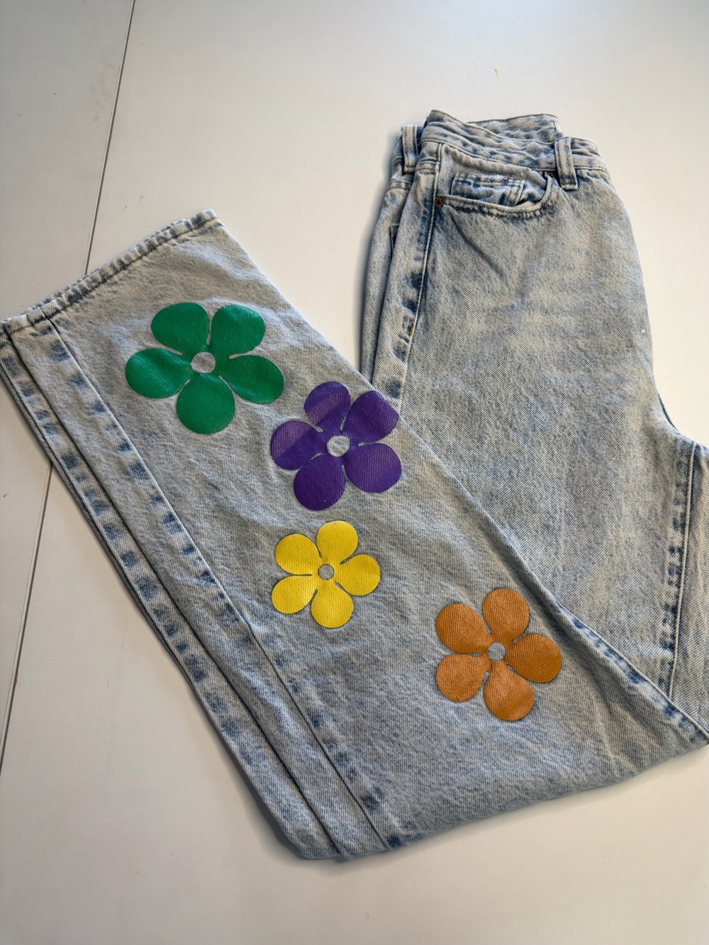 Women’s Light Wash Floral Patch Jeans - Green, Purple, Yellow, Orange